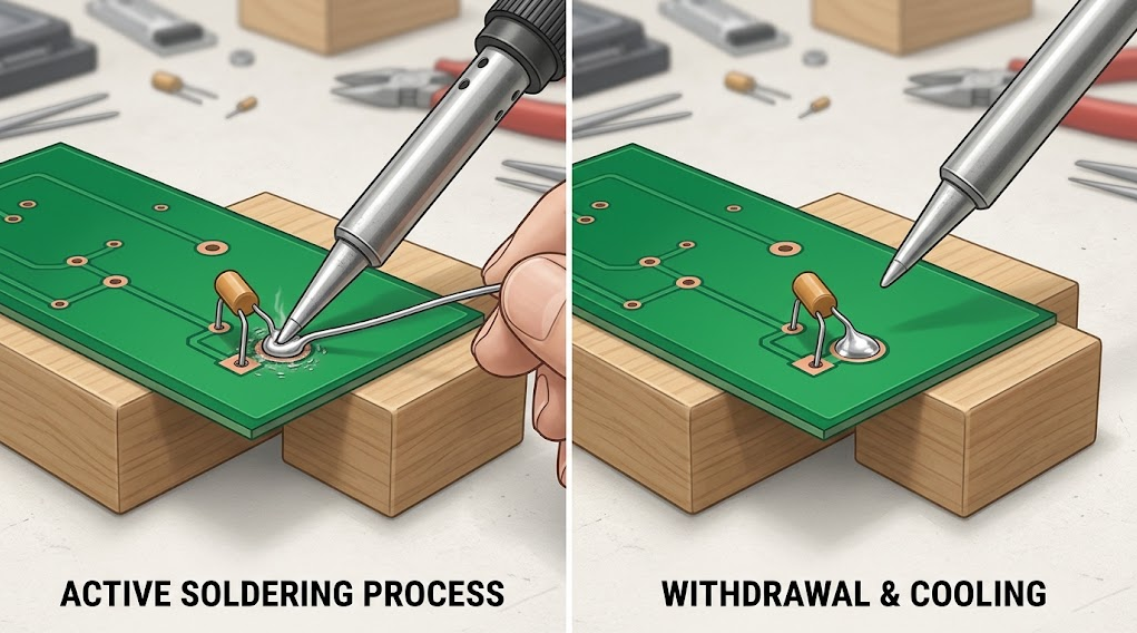 Four-stage text-free illustration of component insertion, tinned tip contact, solder flowing through a plated hole, and smooth iron withdrawal.