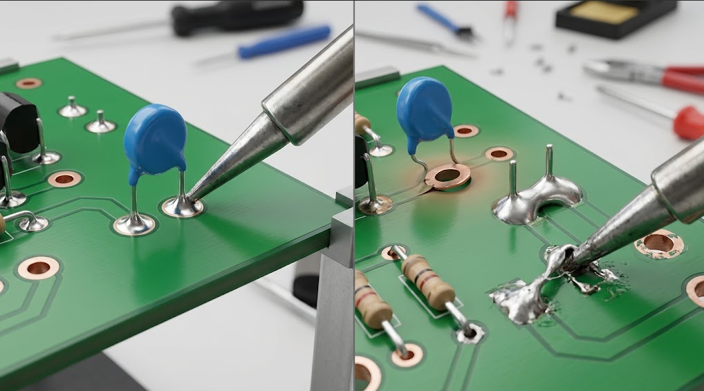 Text-free comparison showing an intact through-hole fillet beside lifted pad, overheated laminate, solder bridge, and pulled-lead risks.