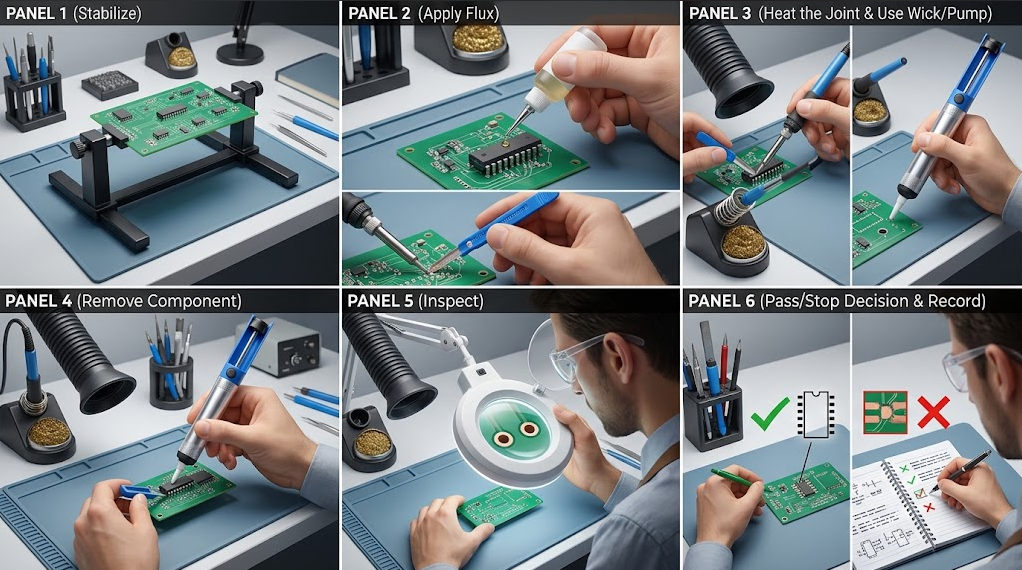 Text-free workflow showing PCB support, flux, controlled desoldering, component removal, magnified pad inspection, and recorded acceptance.