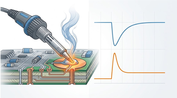 A joint initially pulls heat from the tip; the sensor detects the drop and the controller raises heater power until the tip recovers.