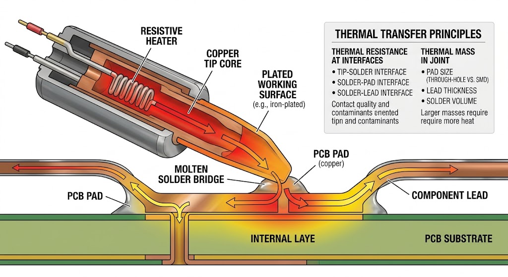 Heat-flow diagram from a soldering iron heater through the tip and solder bridge into a PCB pad and component lead.