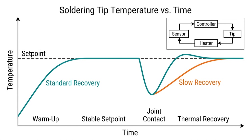 Temperature-versus-time chart showing soldering iron warm-up, contact temperature drop, and closed-loop thermal recovery.