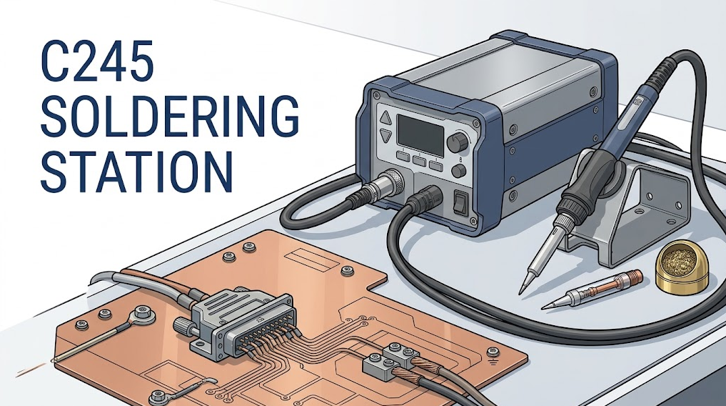 Technical cover illustration of a C245 soldering station, cartridge handpiece, ground plane, heavy connector, and thick wire with C245 SOLDERING STATION shown once.