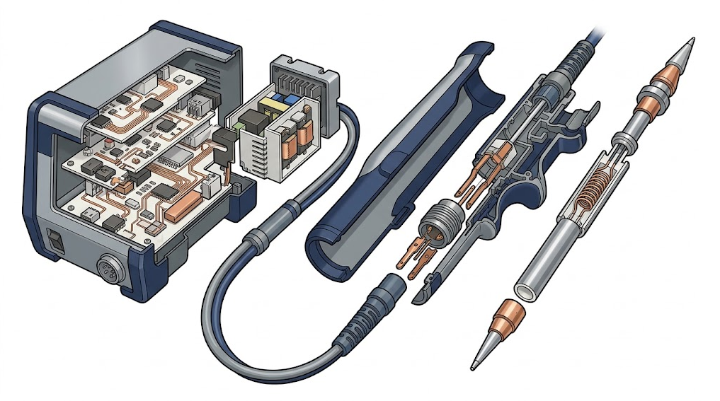 Exploded technical cutaway of a C245-style station, handpiece, contacts, integrated heater and sensor region, and cartridge tip.