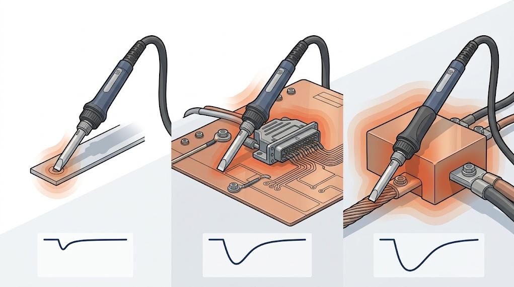 Three-panel comparison of a C245-style handpiece soldering a small pad, a ground-plane connector, and a thick-wire terminal with increasing thermal load.