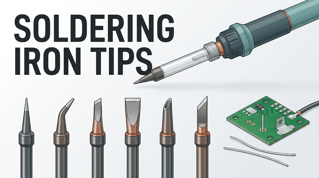 Cover illustration showing conical, bent, chisel, wide chisel, bevel, and knife soldering iron tips with SOLDERING IRON TIPS displayed once.