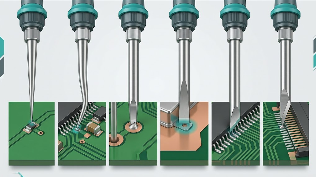 Six soldering tip shapes aligned above matching tasks, including fine pads, through-hole pins, shield tabs, pin rows, and edge contacts.