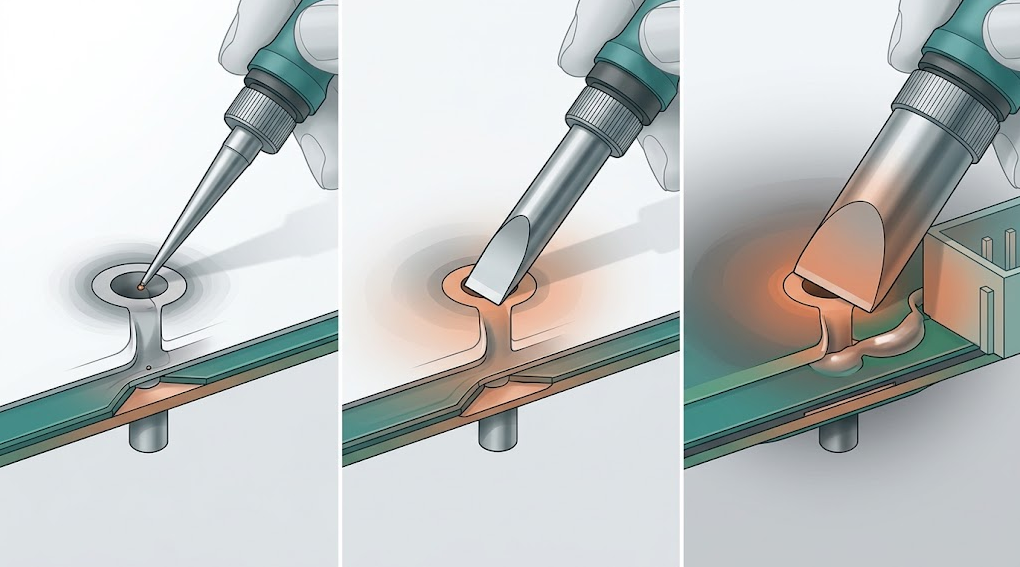 Three-panel comparison of a fine conical tip, correctly sized chisel, and oversized tip touching the same through-hole joint.