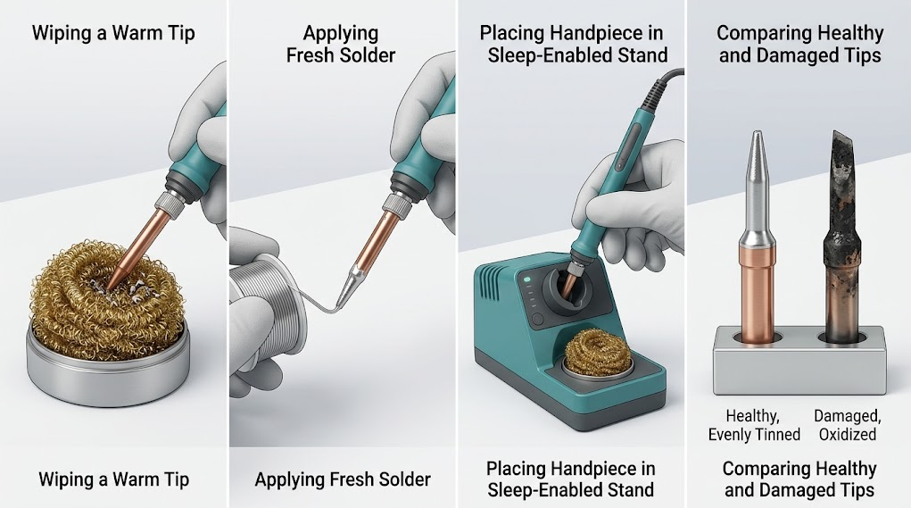 Four-stage soldering tip care sequence showing brass-wool cleaning, re-tinning, standby storage, and healthy versus damaged tips.