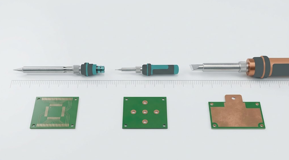 Relative scale comparison of a T12-style cartridge, compact C210-style cartridge, and larger C245-style cartridge above fine, general, and high-load PCB tasks.