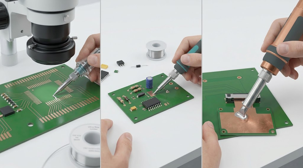 Three panels showing compact C210-style precision work, T12-style general repair, and C245-style soldering of a broad shield or ground-plane joint.