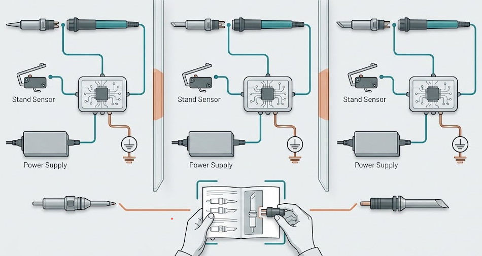 Three separate soldering ecosystems with visual stop barriers between cartridge, handle, controller, supply, stand, grounding, and tip geometry lanes.