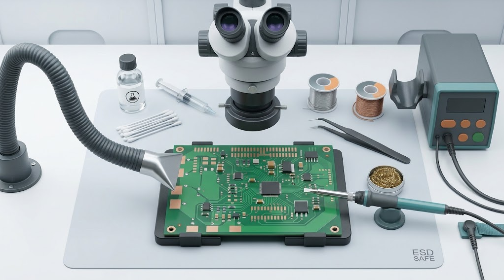 Overhead SMD soldering bench with secured PCB, microscope, ESD controls, chisel tip, tweezers, flux, solder, wick, cleaning supplies, and local fume extraction.