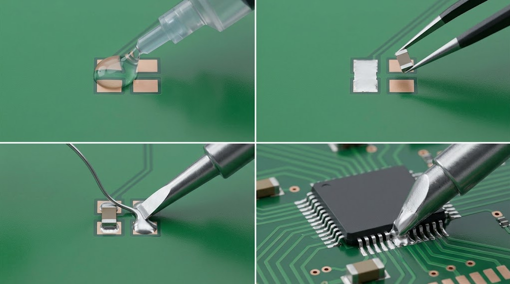 Four-panel SMD soldering sequence showing flux, a lightly tinned pad, chip-component placement, second-joint soldering, and drag soldering on a fine-pitch IC.