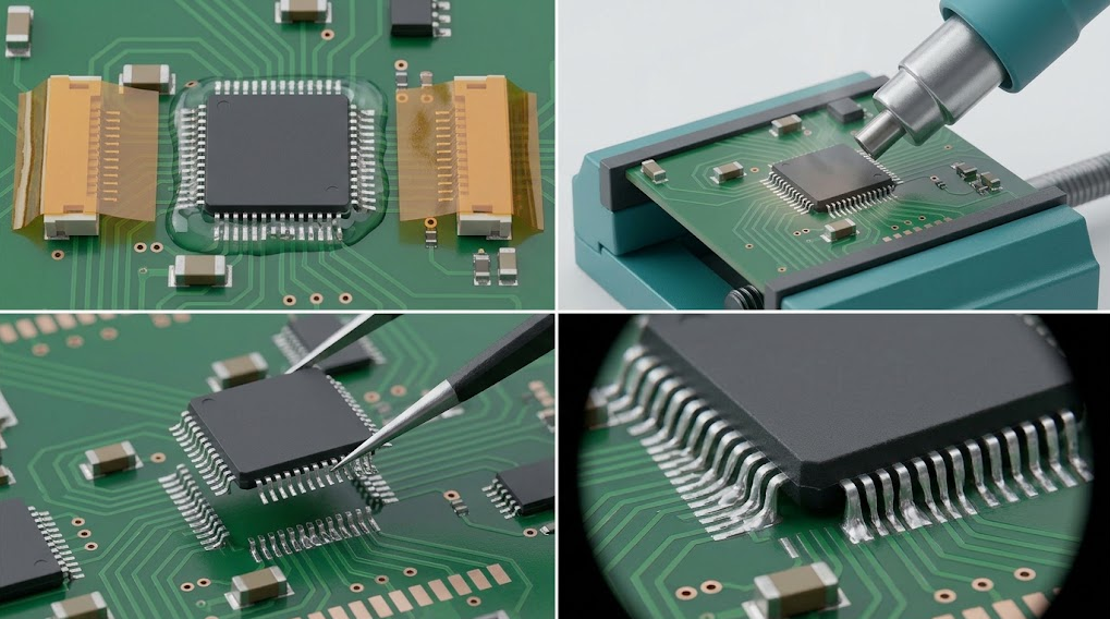 Four-stage hot-air PCB rework sequence showing protected neighbors, controlled heating, vertical component removal, cleaned pads, replacement alignment, and microscope inspection.