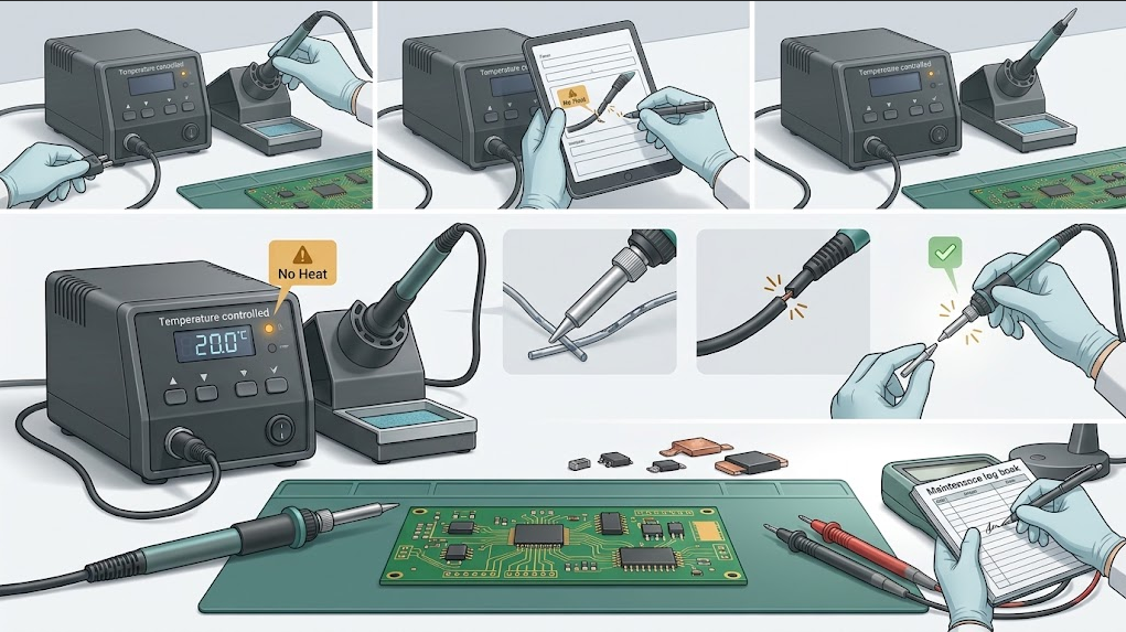Six-stage safe soldering iron diagnostic flow showing unplugging, recording a fault, cool visual inspection, cartridge reseating, one known-good substitution, and maintenance logging.