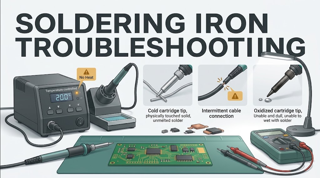 Soldering iron troubleshooting bench with station, handpiece, tip, PCB, multimeter, cold-tip symptom, intermittent cable, and oxidized working face under the headline SOLDERING IRON TROUBLESHOOTING.