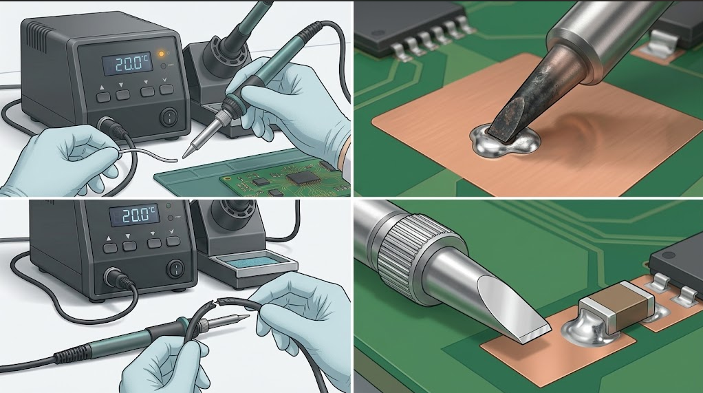Four-panel soldering iron troubleshooting comparison showing a cold cartridge, oxidized narrow tip on a ground pad, unplugged cable inspection, and a healthy compatible cartridge making a stable joint.