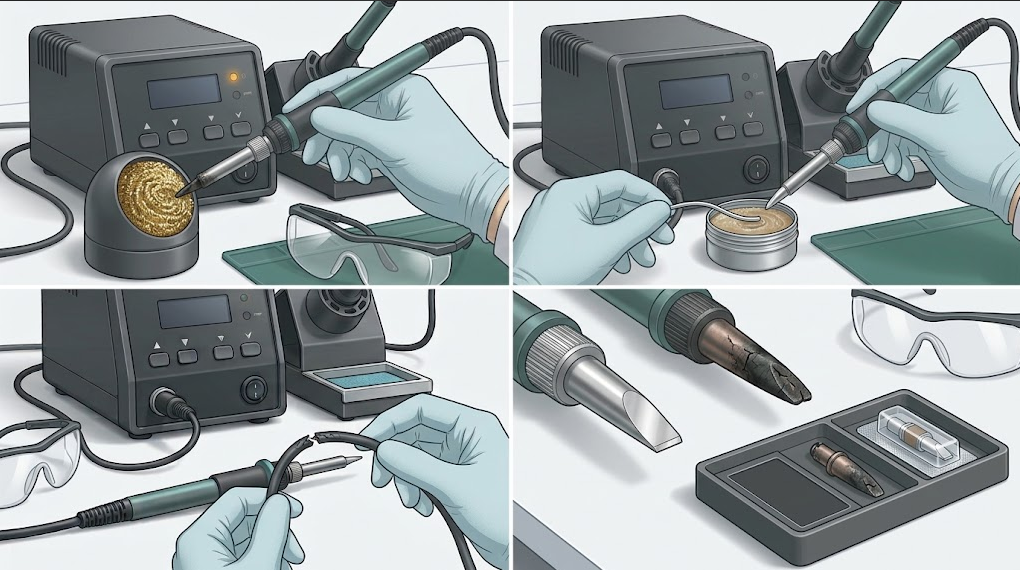 Four-stage soldering tip maintenance sequence showing brass-wool cleaning, fresh solder recovery, healthy versus damaged plating, and quarantine of a worn cartridge.