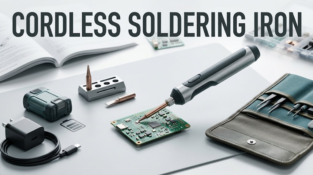 Cordless soldering iron beside battery pack, USB-C PD charger, PCB, stand, spare tips, and field pouch with the headline CORDLESS SOLDERING IRON.