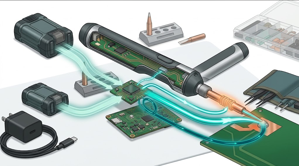 Text-free power-flow illustration from battery and USB-C PD source through controller, heater, sensor, tip, joint, and heat-recovery loop.