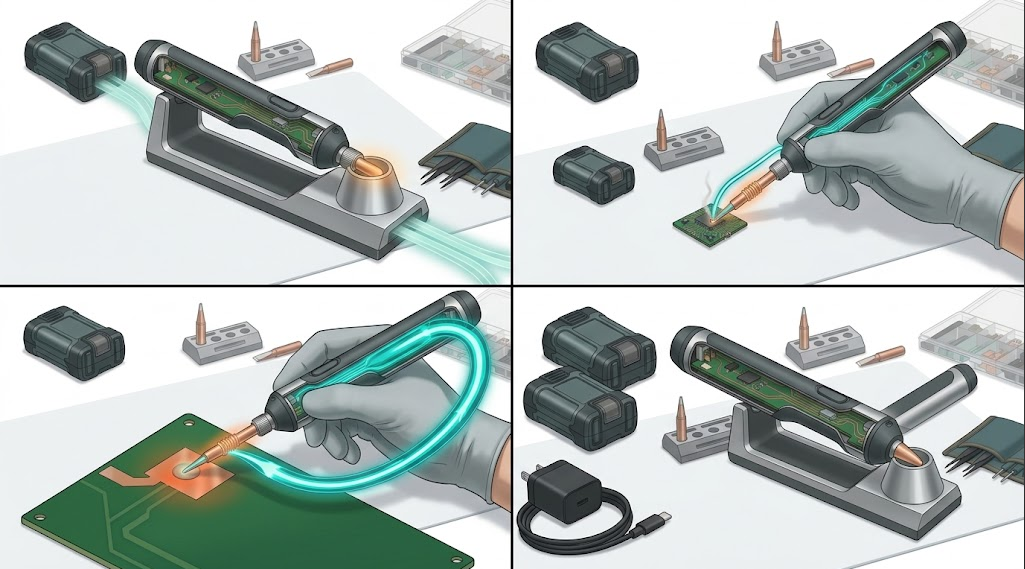 Four-panel cordless soldering iron comparison showing heat-up in stand, active soldering, recovery on a copper pad, and safe idle or sleep.