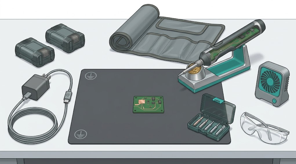 Cordless field-soldering kit with spare battery, USB-C PD charger, rated cable, stand, compatible tips, ESD mat, safety glasses, and transport pouch.