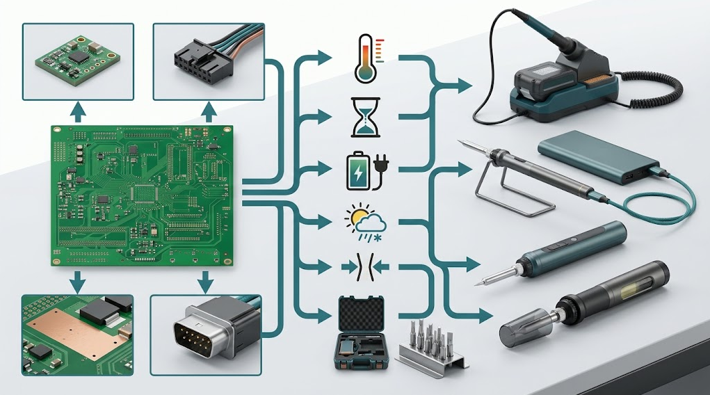 Text-free decision illustration matching sensor boards, wire connectors, copper pads, and automotive connectors to portable soldering options.