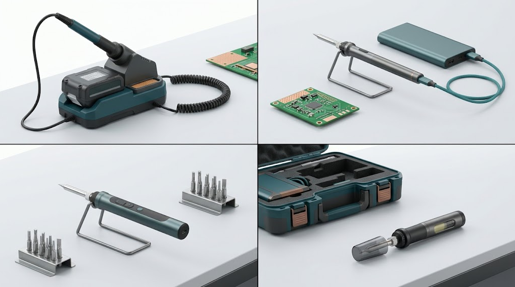 Four-panel comparison of tool-battery station, USB-C PD pencil iron, internal-battery iron, and safely capped butane iron.