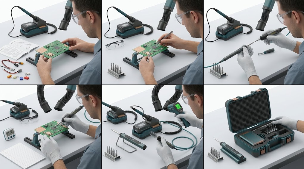 Six-stage field pilot showing documentation review, representative joints, approved tip, repeated soldering, safety inspection, and final kit packing.