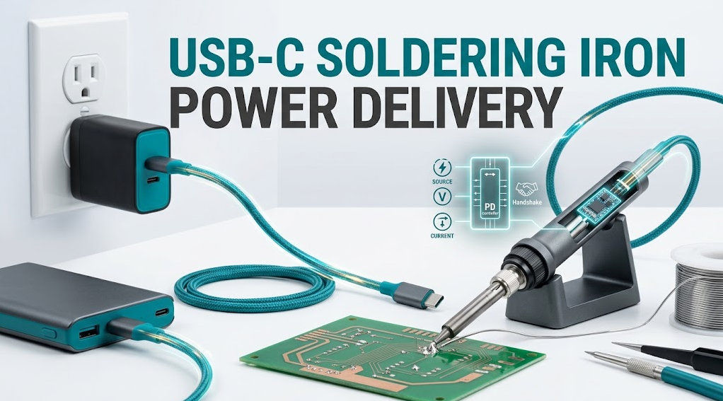 USB-C Power Delivery soldering iron connected to charger and power bank with controller, cable, stand, PCB, and the headline USB-C SOLDERING IRON POWER DELIVERY.