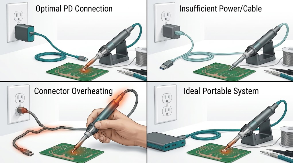 Four-panel USB-C source and cable comparison showing a correct PD match, insufficient source, damaged or long cable, and stable approved setup.