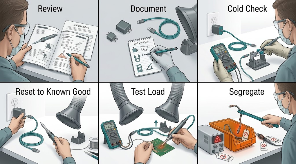 Six-stage USB-C soldering iron troubleshooting workflow showing manual review, recording setup, cool inspection, approved substitution, idle/load check, and quarantine of unstable equipment.