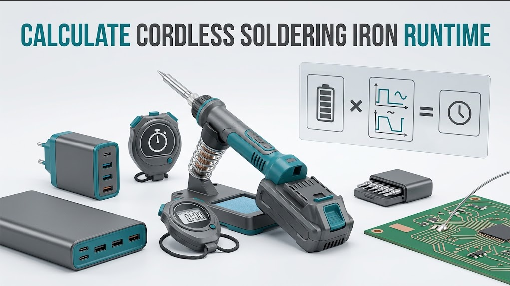 Cordless soldering iron, battery, USB-C charger, power bank, stopwatch, PCB, stand, and runtime concept under the headline CALCULATE CORDLESS SOLDERING IRON RUNTIME.
