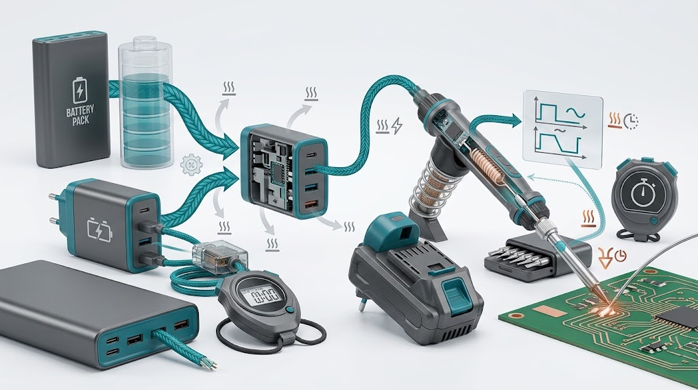 Text-free energy-flow infographic from battery and USB-C PD source through controller, conversion losses, heater, sensor, tip, and solder joint with duty-cycle loop.