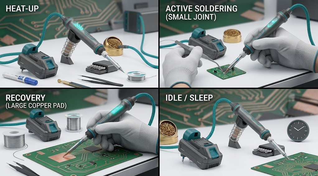 Four-panel cordless soldering iron duty-cycle comparison showing heat-up, active joint, recovery on copper, and safe idle or sleep.