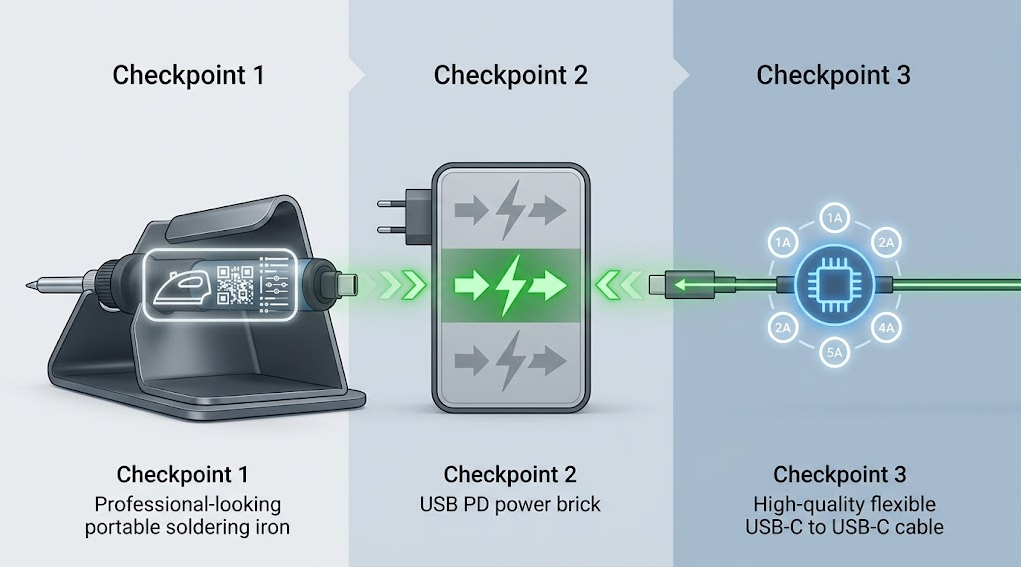 Text-free three-stage compatibility chain showing soldering iron requirements, USB PD charger profiles, and USB-C cable capability with one aligned path.