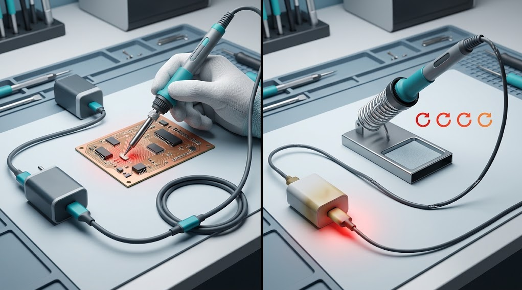 Split comparison of a stable USB-C PD soldering setup and an inadequate setup showing slow heating, resets, and connector warning signs.