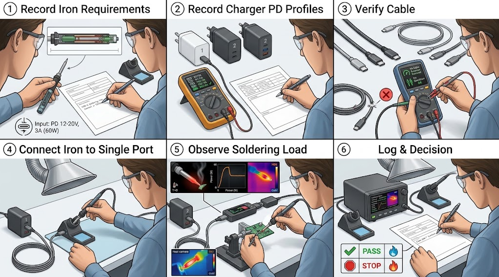 Six-stage USB-C soldering iron test showing requirement recording, charger profiles, cable inspection, dedicated connection, controlled heater load, and logged decision.