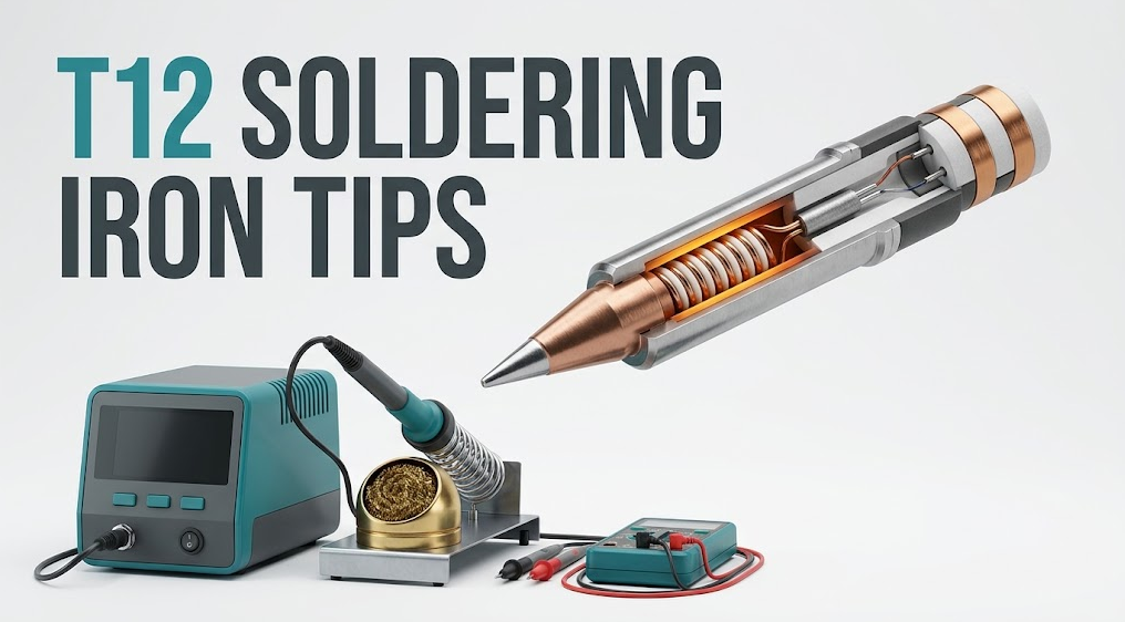 Cutaway T12 cartridge showing the integrated tip, heater, sensing region and contact bands below the headline T12 SOLDERING IRON TIPS.
