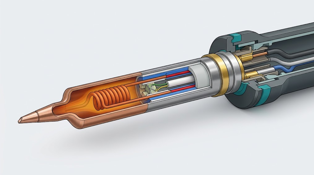 Text-free cutaway of a generic T12 cartridge with working tip, nearby heater and sensor, insulation, body, contact bands and heat-flow cues.