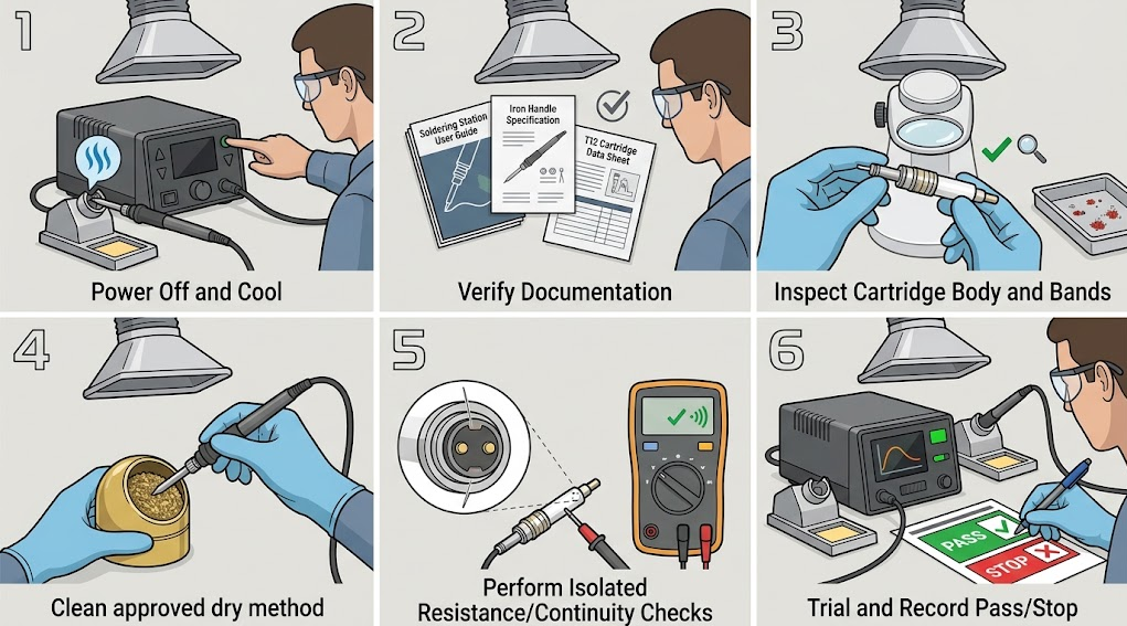 Six-stage text-free workflow for cooling, documenting, inspecting, measuring and controlled testing of a T12 cartridge with pass and stop cues.