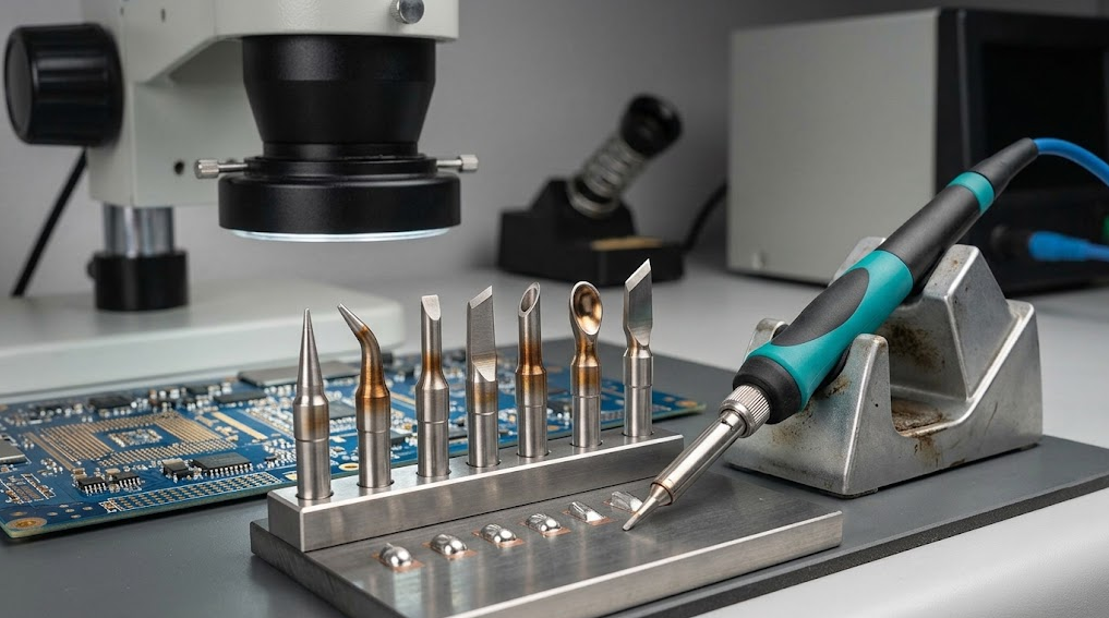 Text-free comparison of generic C210-style conical, bent conical, chisel, bevel, spoon and knife working ends with matching sample joints.