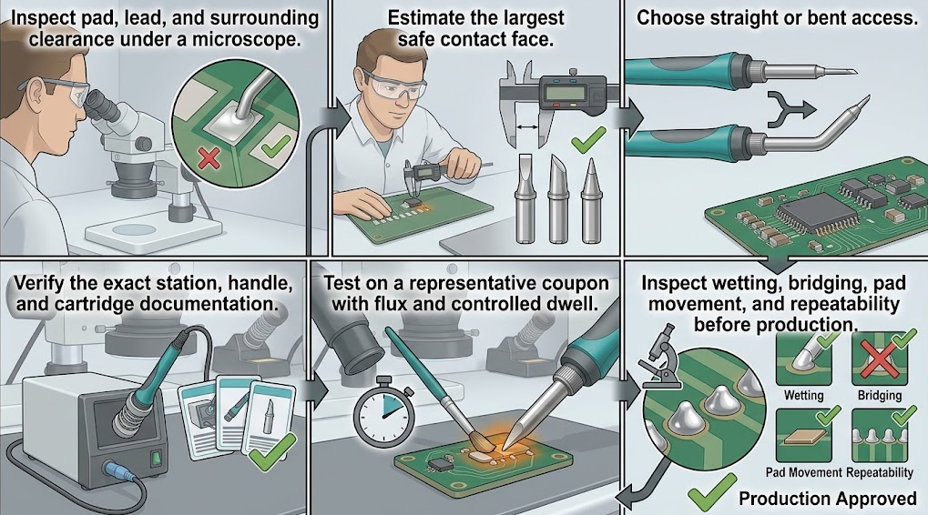 Six-stage text-free C210 tip selection workflow covering joint inspection, contact face, access, compatibility, coupon testing and acceptance.
