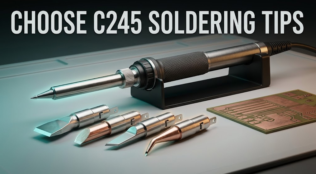 Broad chisel, bevel, knife and bent C245-style cartridges beside a connector tab and ground-plane coupon below the headline CHOOSE C245 SOLDERING TIPS.