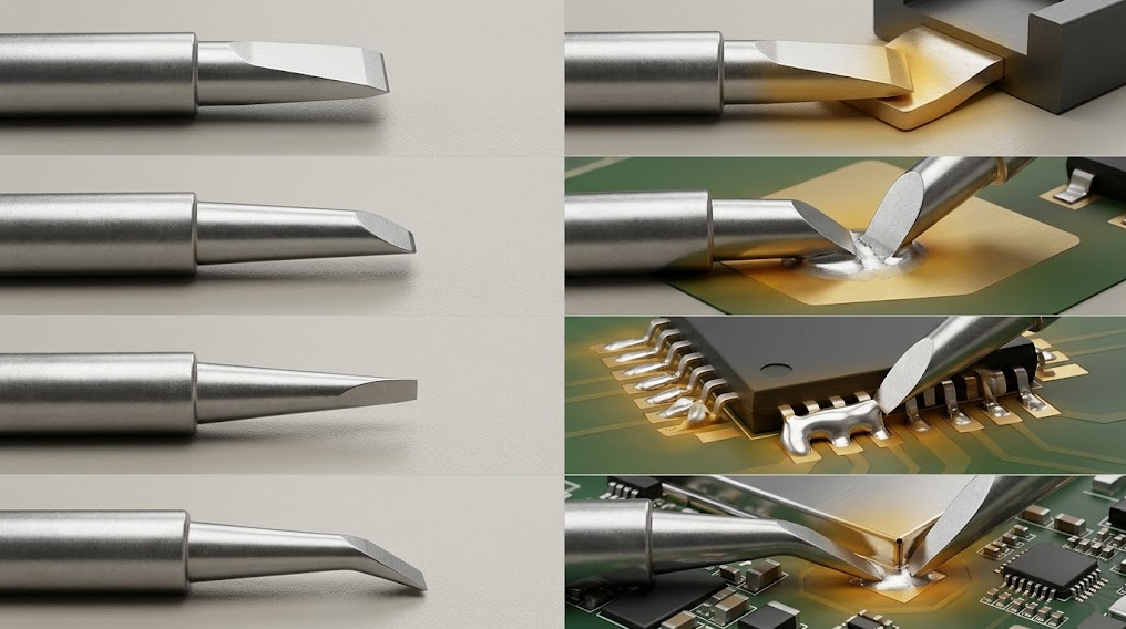 Text-free comparison of broad chisel, bevel or hoof, knife edge and bent chisel C245-style tips beside connector, ground-plane, lead-row and shield-side joints.