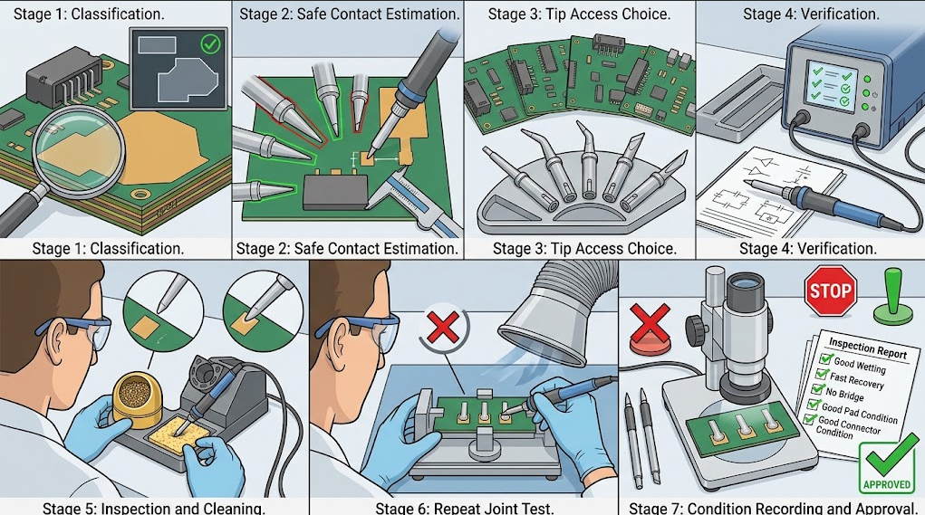 Seven-stage text-free C245 workflow for classifying a connector or ground plane, checking clearance, verifying compatibility, testing three joints, and recording acceptance.