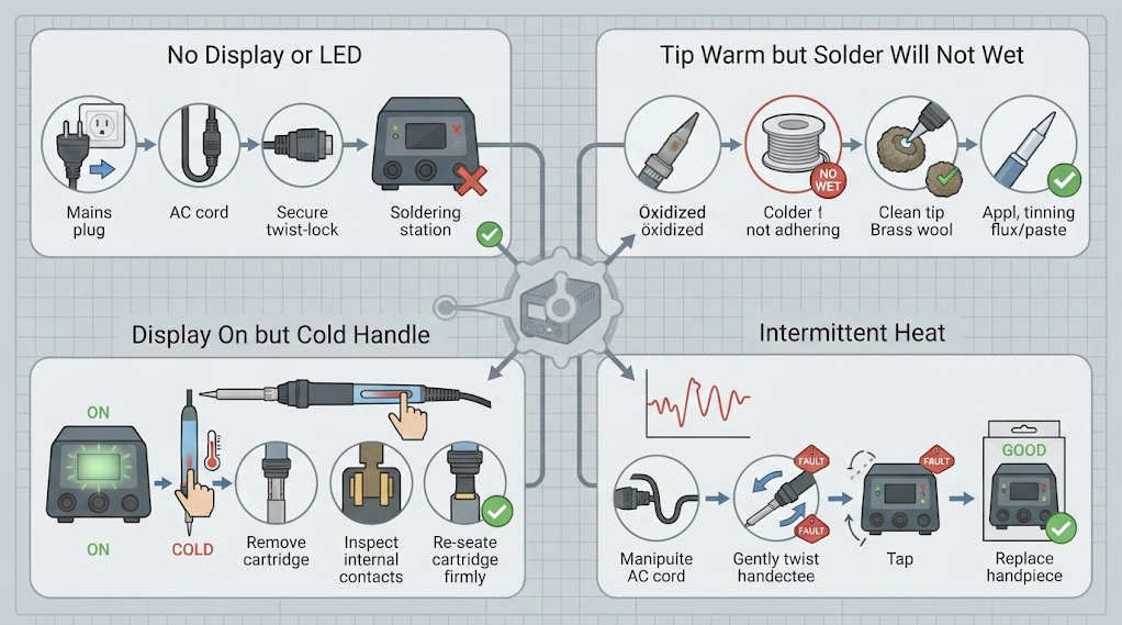 Text-free four-branch decision illustration for no display, cold handle, non-wetting tip, and intermittent heat symptoms with safe external checks.
