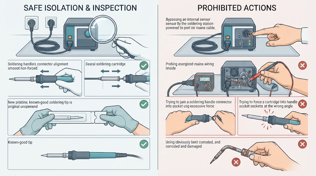 Text-free workshop comparison showing external inspection, documented cartridge reseating, and one-at-a-time substitution beside prohibited energized probing and sensor bypass.