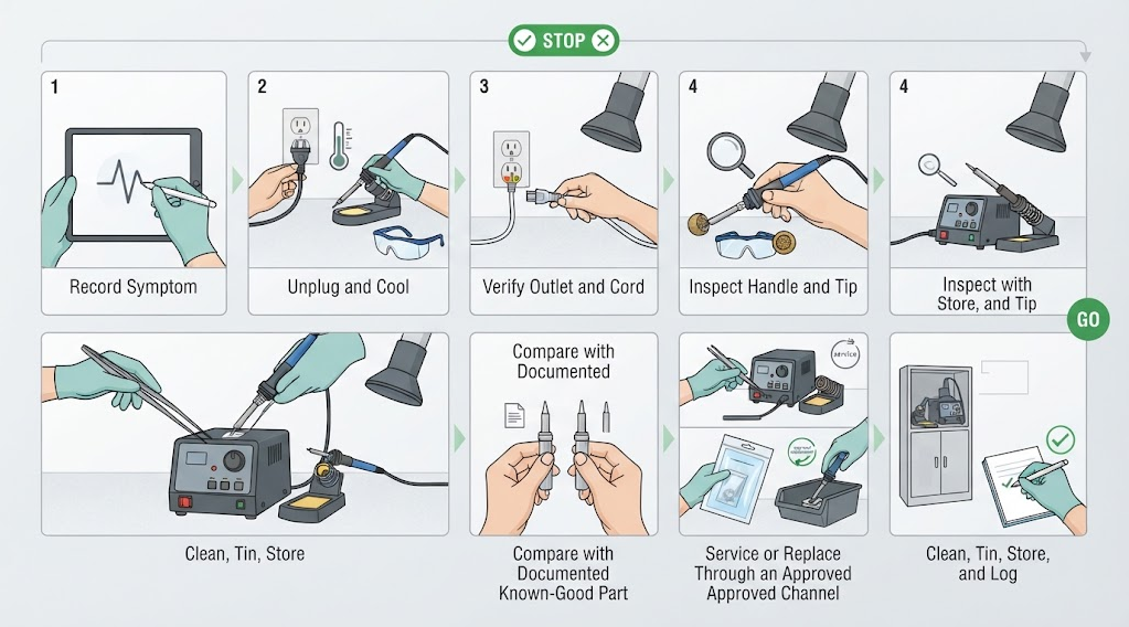 Text-free seven-stage workflow for recording a no-heat symptom, isolating a compatible part, servicing the equipment, testing three joints, and logging acceptance.